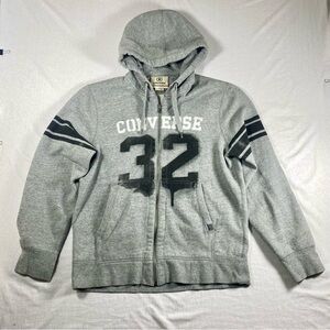 Converse Gray Zip-Up Hoodie with Black Graphic 32 Size M Stripes Pockets